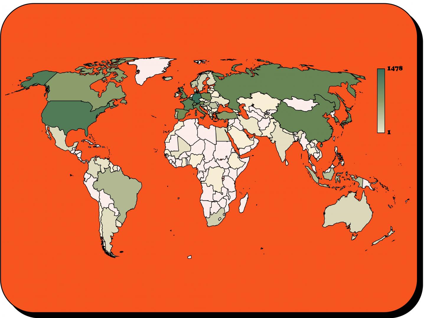 World map showing countries with most Dutch cultural activities in 2021. Image: DutchCulture/Erin Chang