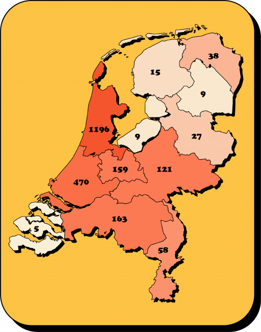 Map of the Netherlands, showing number of internationally active artists per province. Image: DutchCulture/Erin Chang