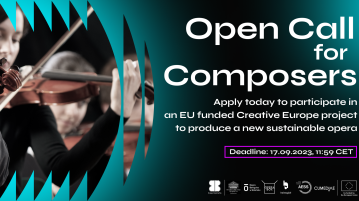 Open call for composers, image of young women playing violin, text: apply today