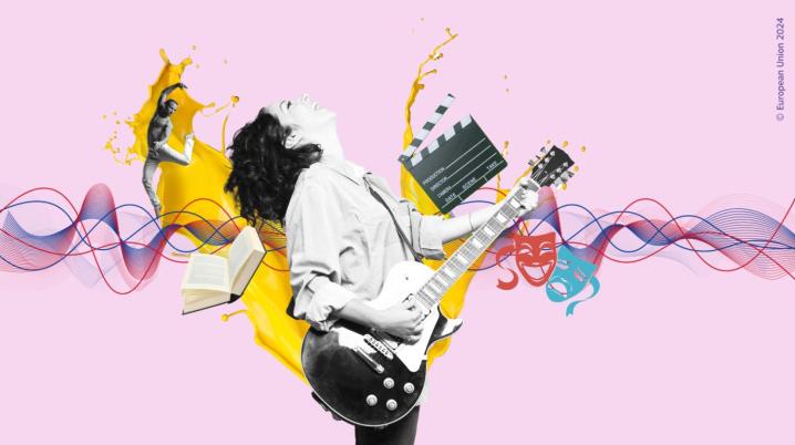 Lachende vrouw speelt elektrische gitaar met kleurrijke achtergrond