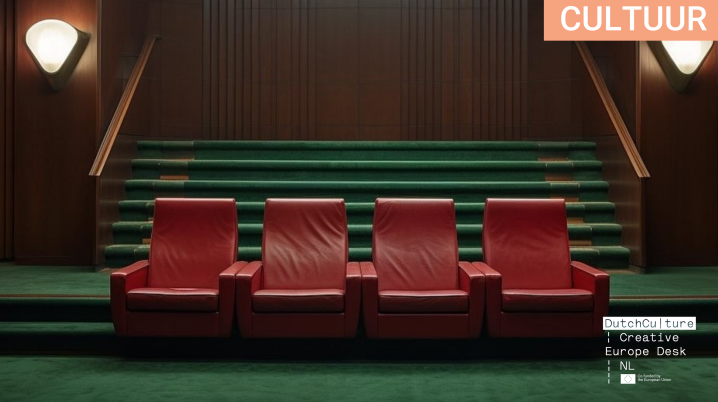 four red chairs lined up on green stairs