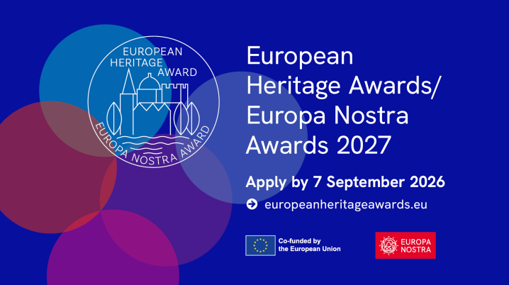 Coverbeeld: blauw beeld met logo en tekst: European Heritage Awards / Europa Nostra Awards 2027
