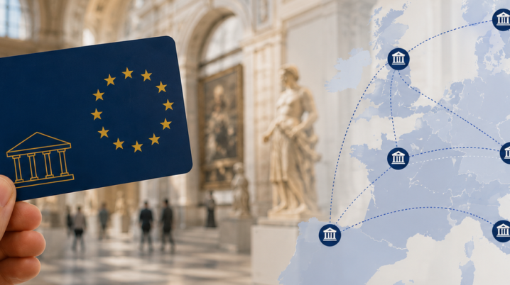 Hand met een europa pas in een grote hal
