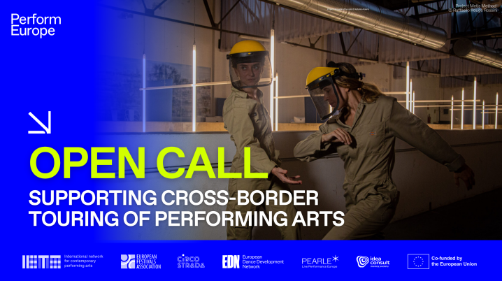 tekst open call perform europe met daarachter foto van twee personen met las-helmen op en overalls aan