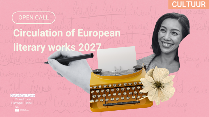 photo collage with typewriter, a person, a hand and a flower with text: open call Circulation of European literary works 2027
