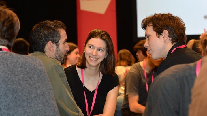 Berlinale Talents attendees shake hands at the globale speed matching event at Berlinale.